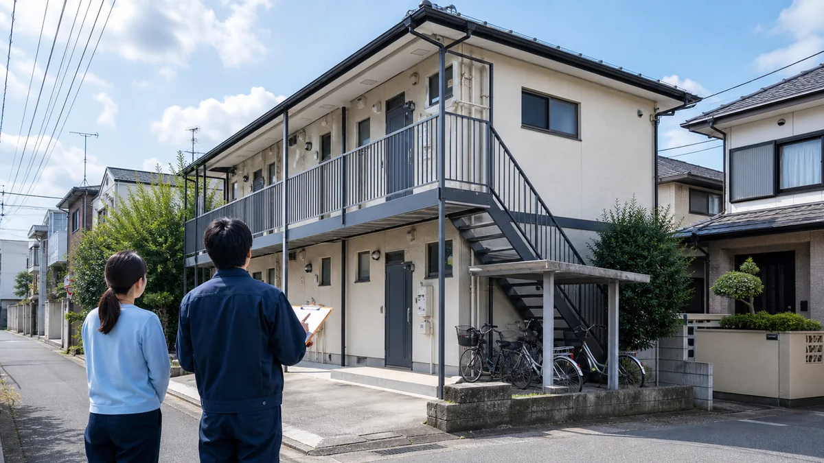 一棟アパートの外観と共用部を確認する個人投資家と専門家