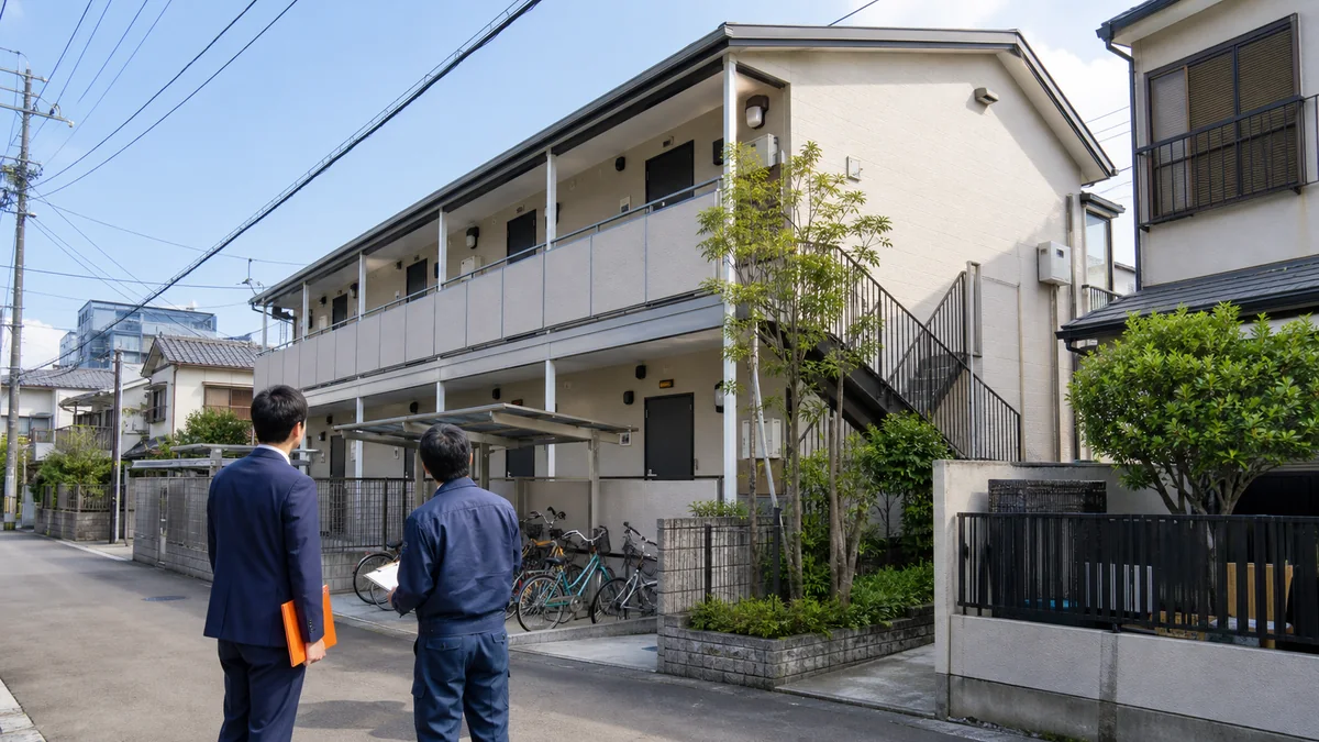 住宅街の一棟アパート外観を確認する二人の人物